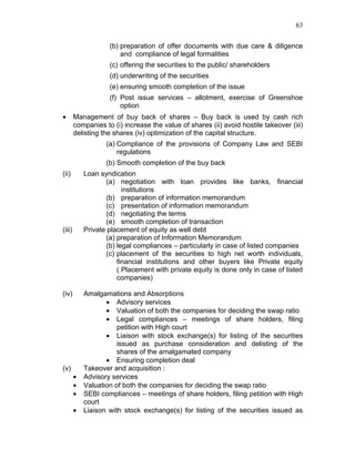 63


                    (b) preparation of offer documents with due care & diligence
                        and compliance of legal formalities
                    (c) offering the securities to the public/ shareholders
                    (d) underwriting of the securities
                    (e) ensuring smooth completion of the issue
                    (f) Post issue services – allotment, exercise of Greenshoe
                        option
•       Management of buy back of shares – Buy back is used by cash rich
        companies to (i) increase the value of shares (ii) avoid hostile takeover (iii)
        delisting the shares (iv) optimization of the capital structure.
                   (a) Compliance of the provisions of Company Law and SEBI
                       regulations
                   (b) Smooth completion of the buy back
(ii)        Loan syndication
                   (a) negotiation with loan provides like banks, financial
                         institutions
                   (b) preparation of information memorandum
                   (c) presentation of information memorandum
                   (d) negotiating the terms
                   (e) smooth completion of transaction
(iii)       Private placement of equity as well debt
                   (a) preparation of Information Memorandum
                   (b) legal compliances – particularly in case of listed companies
                   (c) placement of the securities to high net worth individuals,
                       financial institutions and other buyers like Private equity
                       ( Placement with private equity is done only in case of listed
                       companies)

(iv)        Amalgamations and Absorptions
                   • Advisory services
                   • Valuation of both the companies for deciding the swap ratio
                   • Legal compliances – meetings of share holders, filing
                       petition with High court
                   • Liaison with stock exchange(s) for listing of the securities
                       issued as purchase consideration and delisting of the
                       shares of the amalgamated company
                   • Ensuring completion deal
(v)         Takeover and acquisition :
        •   Advisory services
        •   Valuation of both the companies for deciding the swap ratio
        •   SEBI compliances – meetings of share holders, filing petition with High
            court
        •   Liaison with stock exchange(s) for listing of the securities issued as
 