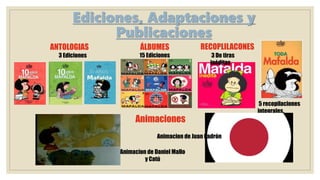 Ediciones, Adaptaciones y
Publicaciones
ÁLBUMES
15 Ediciones
RECOPLILACONESANTOLOGIAS
3 De tiras
inéditas
5 recopilaciones
integrales.
3 Ediciones
Animaciones
Animacion de Daniel Mallo
y Catú
Animacion de Juan Padrón
 