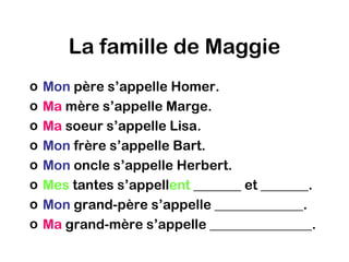 La famille de Maggie
o   Mon père s’appelle Homer.
o   Ma mère s’appelle Marge.
o   Ma soeur s’appelle Lisa.
o   Mon frère s’appelle Bart.
o   Mon oncle s’appelle Herbert.
o   Mes tantes s’appellent _______ et _______.
o   Mon grand-père s’appelle _____________.
o   Ma grand-mère s’appelle _______________.
 