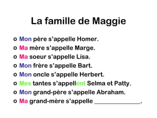 La famille de Maggie
o   Mon père s’appelle Homer.
o   Ma mère s’appelle Marge.
o   Ma soeur s’appelle Lisa.
o   Mon frère s’appelle Bart.
o   Mon oncle s’appelle Herbert.
o   Mes tantes s’appellent Selma et Patty.
o   Mon grand-père s’appelle Abraham.
o   Ma grand-mère s’appelle _______________.
 