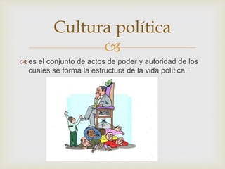 
 es el conjunto de actos de poder y autoridad de los
cuales se forma la estructura de la vida política.
Cultura política
 