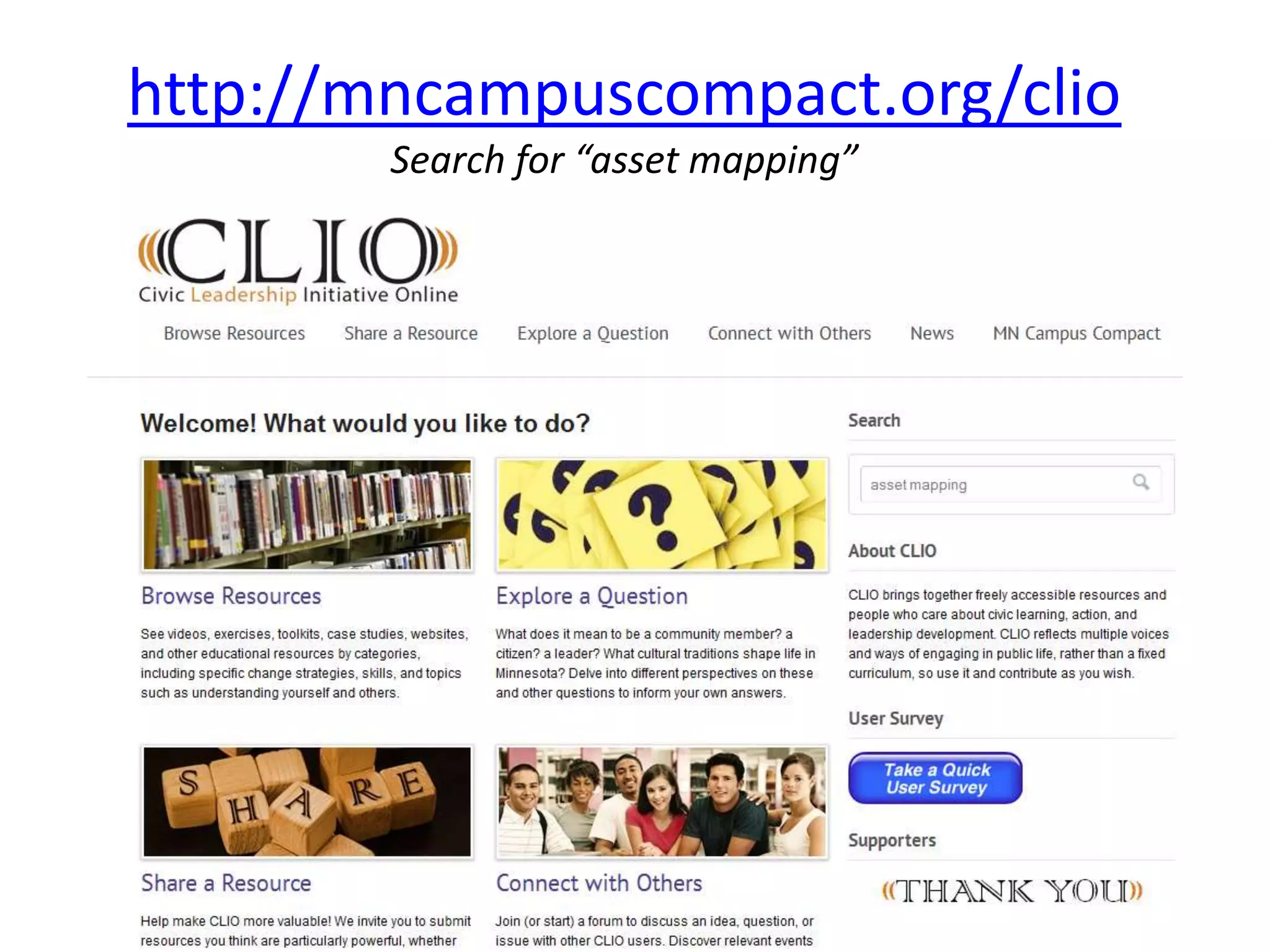 http://mncampuscompact.org/clio 
Search for “asset mapping” 
 