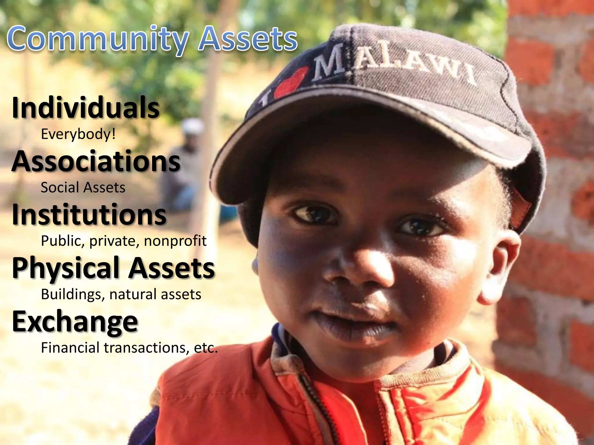 Individuals 
Everybody! 
Associations 
Social Assets 
Institutions 
Public, private, nonprofit 
Physical Assets 
Buildings, natural assets 
Exchange 
Financial transactions, etc. 
 