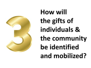 How will 
the gifts of 
individuals & 
the community 
be identified 
and mobilized? 
 