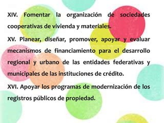 XIV. Fomentar la organización de sociedades
cooperativas de vivienda y materiales.
XV. Planear, diseñar, promover, apoyar y evaluar
mecanismos de financiamiento para el desarrollo
regional y urbano de las entidades federativas y
municipales de las instituciones de crédito.
XVI. Apoyar los programas de modernización de los
registros públicos de propiedad.
 