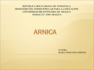 REPUBLICA BOLIVARIANA DE VENEZUELA
MINISTERIO DEL PODER POPULAR PARA LA EDUCACIÓN
UNIVERSIDAD BICENTENARIA DE ARAGUA
MARACAY- EDO ARAGUA

AUTORA:
MARIA FERNANDA JIMENEZ

 