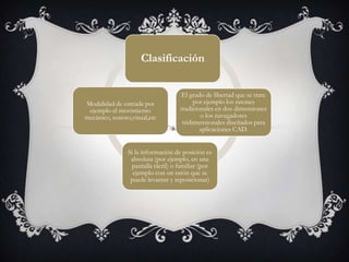 Clasificación


                                     El grado de libertad que se trate
Modalidad de entrada por                  por ejemplo los ratones
 ejemplo el movimiento              tradicionales en dos dimensiones
mecánico, sonoro,visual,etc                 o los navegadores
                                     tridimensionales diseñados para
                                            aplicaciones CAD.


                Si la información de posición es
                 absoluta (por ejemplo, en una
                 pantalla táctil) o familiar (por
                  ejemplo con un ratón que se
                 puede levantar y reposicionar)
 