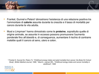 Frankel, Gunnel e Peters 6  dimostrano l’esistenza di una relazione positiva tra l’ammontare di  calorie  assunte durante la crescita e il tasso di mortalità per cancro durante la vita adulta. Must e Limpman 7  hanno dimostrato come le  proteine , soprattutto quelle di origine animale, se assunte in eccesso possono promuovere l’aumento ponderale fino all’obesità e, di conseguenza, aumentare il rischio di contrarre malattie quali il cancro al seno, utero e colon. 6  Frankel S, Gunnel DJ, Peters TJ, “Childhood energy intake and adult mortality from cancer: the Body Orr Cohort Study”, British Medical Journal, 1998;  7   Must A., Lipman RD., “Childhood energy intake and cancer mortality in adulthood”, 1999 