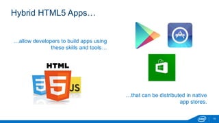 Hybrid HTML5 Apps…
10
…allow developers to build apps using
these skills and tools…
…that can be distributed in native
app stores.
 