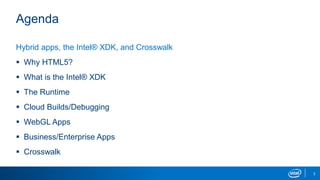 3
Agenda
Hybrid apps, the Intel® XDK, and Crosswalk
 Why HTML5?
 What is the Intel® XDK
 The Runtime
 Cloud Builds/Debugging
 WebGL Apps
 Business/Enterprise Apps
 Crosswalk
 
