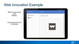 Web Innovation Example
Web Components
and
WebGL
Using Android 5.0+
(Lollipop)
 