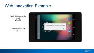 Web Innovation Example
Web Components
and
WebGL
On Android 4.0+
(ICS)
 