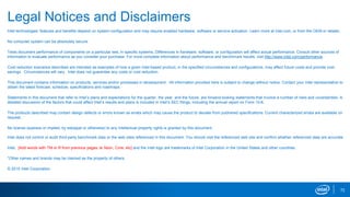 72
Legal Notices and Disclaimers
Intel technologies’ features and benefits depend on system configuration and may require enabled hardware, software or service activation. Learn more at intel.com, or from the OEM or retailer.
No computer system can be absolutely secure.
Tests document performance of components on a particular test, in specific systems. Differences in hardware, software, or configuration will affect actual performance. Consult other sources of
information to evaluate performance as you consider your purchase. For more complete information about performance and benchmark results, visit http://www.intel.com/performance.
Cost reduction scenarios described are intended as examples of how a given Intel-based product, in the specified circumstances and configurations, may affect future costs and provide cost
savings. Circumstances will vary. Intel does not guarantee any costs or cost reduction.
This document contains information on products, services and/or processes in development. All information provided here is subject to change without notice. Contact your Intel representative to
obtain the latest forecast, schedule, specifications and roadmaps.
Statements in this document that refer to Intel’s plans and expectations for the quarter, the year, and the future, are forward-looking statements that involve a number of risks and uncertainties. A
detailed discussion of the factors that could affect Intel’s results and plans is included in Intel’s SEC filings, including the annual report on Form 10-K.
The products described may contain design defects or errors known as errata which may cause the product to deviate from published specifications. Current characterized errata are available on
request.
No license (express or implied, by estoppel or otherwise) to any intellectual property rights is granted by this document.
Intel does not control or audit third-party benchmark data or the web sites referenced in this document. You should visit the referenced web site and confirm whether referenced data are accurate.
Intel, [Add words with TM or R from previous pages..ie Xeon, Core, etc] and the Intel logo are trademarks of Intel Corporation in the United States and other countries.
*Other names and brands may be claimed as the property of others.
© 2015 Intel Corporation.
 