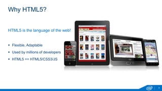 Why HTML5?
9
HTML5 is the language of the web!
 Flexible, Adaptable
 Used by millions of developers
 HTML5 == HTML5/CSS3/JS
 