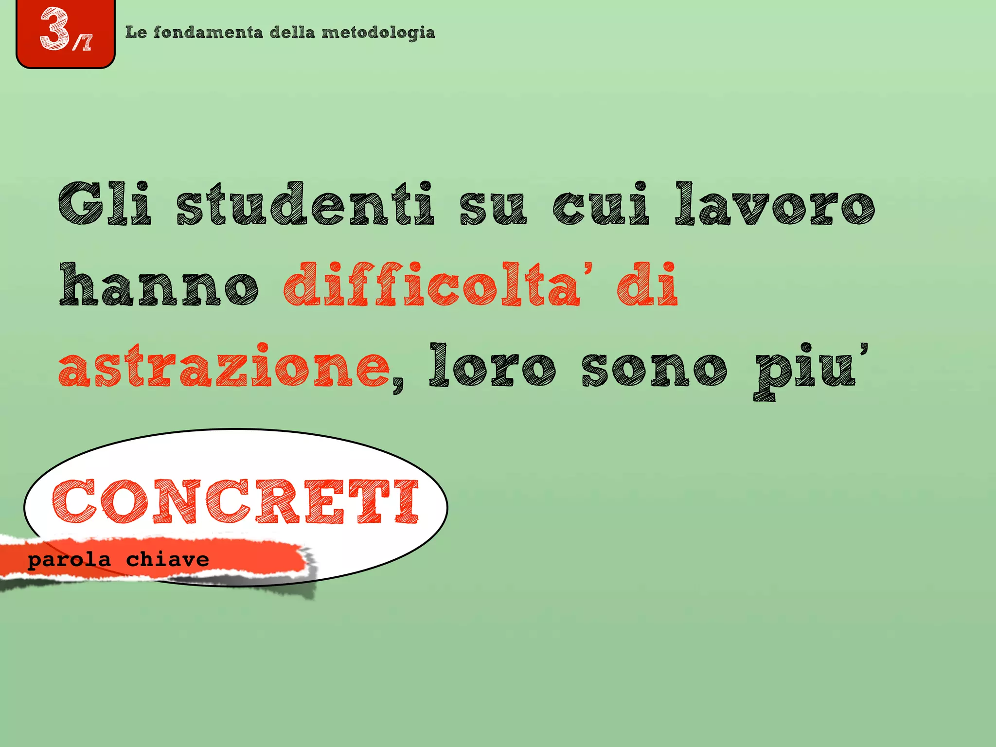 Le fondamenta della metodologia
Gli studenti su cui lavoro
hanno difficolta’ di
astrazione, loro sono piu’
CONCRETI
parola chiave
3/7
 
