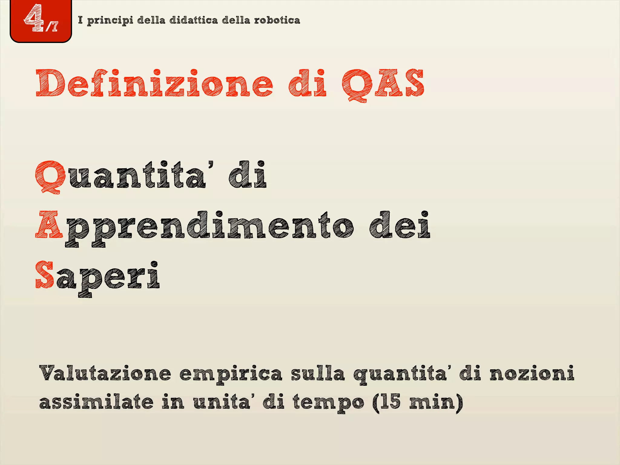 I principi della didattica della robotica
Quantita’ di
Apprendimento dei
Saperi
Definizione di QAS
Valutazione empirica sulla quantita’ di nozioni
assimilate in unita’ di tempo (15 min)
4/7
 