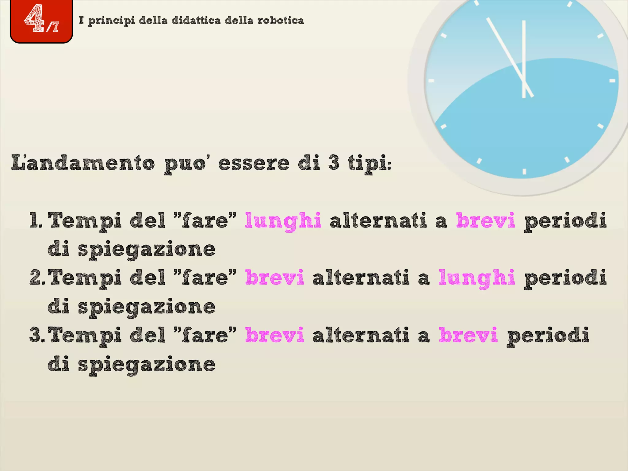 I principi della didattica della robotica
L'andamento puo’ essere di 3 tipi:
1. Tempi del "fare" lunghi alternati a brevi periodi
di spiegazione
2.Tempi del "fare" brevi alternati a lunghi periodi
di spiegazione
3.Tempi del "fare" brevi alternati a brevi periodi
di spiegazione
4/7
 