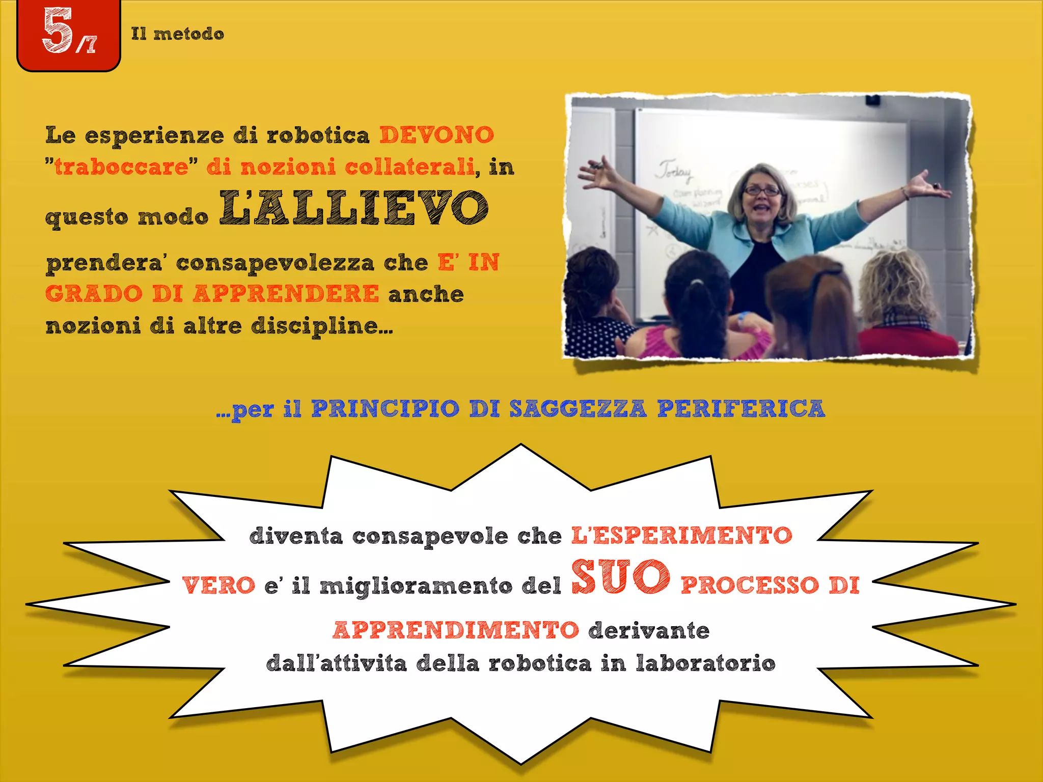 Il metodo
Le esperienze di robotica DEVONO
"traboccare" di nozioni collaterali, in
questo modo L'ALLIEVO
prendera’ consapevolezza che E’ IN
GRADO DI APPRENDERE anche
nozioni di altre discipline...
diventa consapevole che L’ESPERIMENTO
VERO e’ il miglioramento del SUO PROCESSO DI
APPRENDIMENTO derivante
dall’attivita della robotica in laboratorio
5/7
...per il PRINCIPIO DI SAGGEZZA PERIFERICA
 