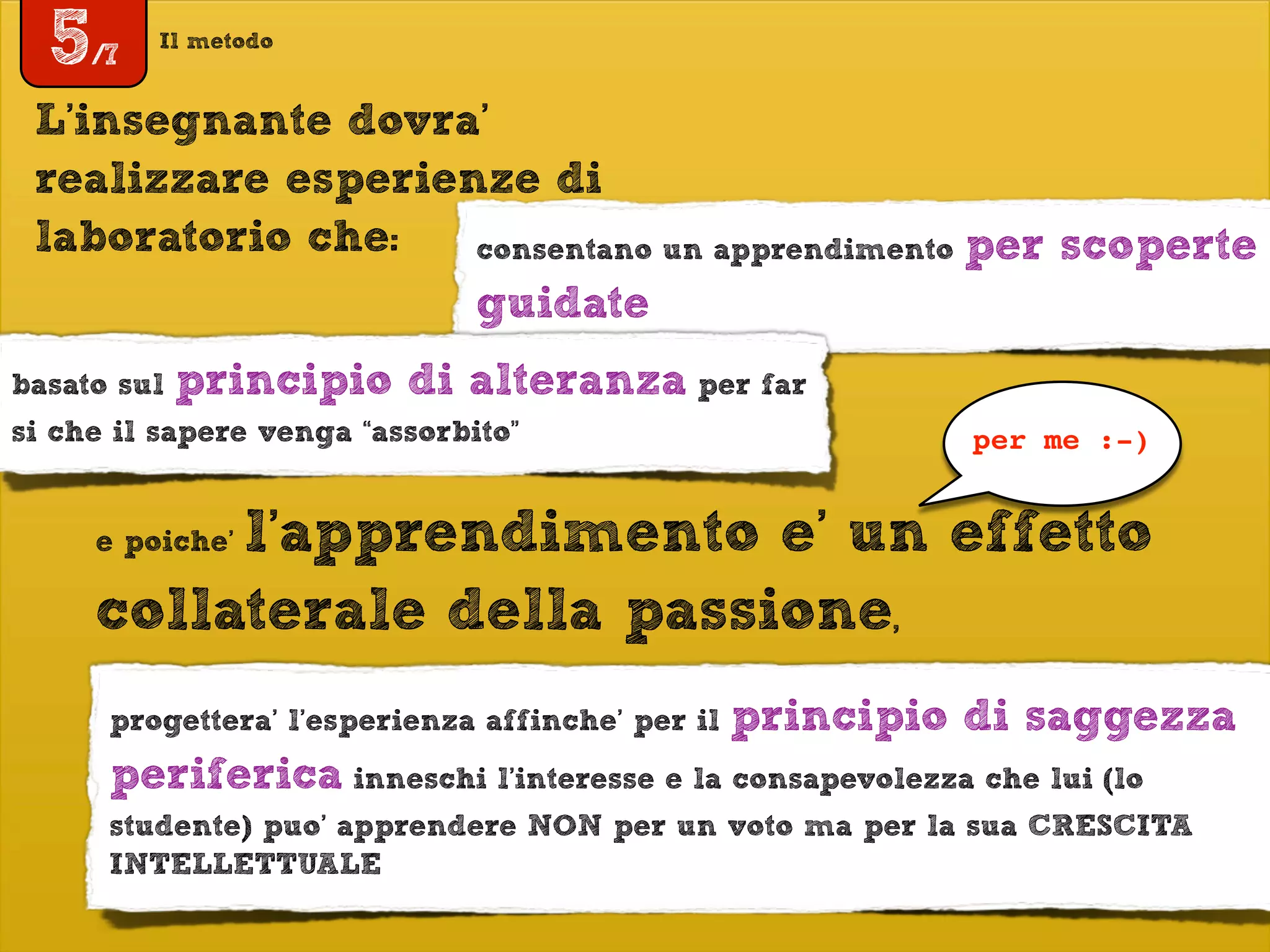 Il metodo
5/7
e poiche’ l’apprendimento e’ un effetto
collaterale della passione,
L’insegnante dovra’
realizzare esperienze di
laboratorio che: consentano un apprendimento per scoperte
guidate
basato sul principio di alteranza per far
si che il sapere venga “assorbito”
progettera’ l’esperienza affinche’ per il principio di saggezza
periferica inneschi l’interesse e la consapevolezza che lui (lo
studente) puo’ apprendere NON per un voto ma per la sua CRESCITA
INTELLETTUALE
per me :-)
 