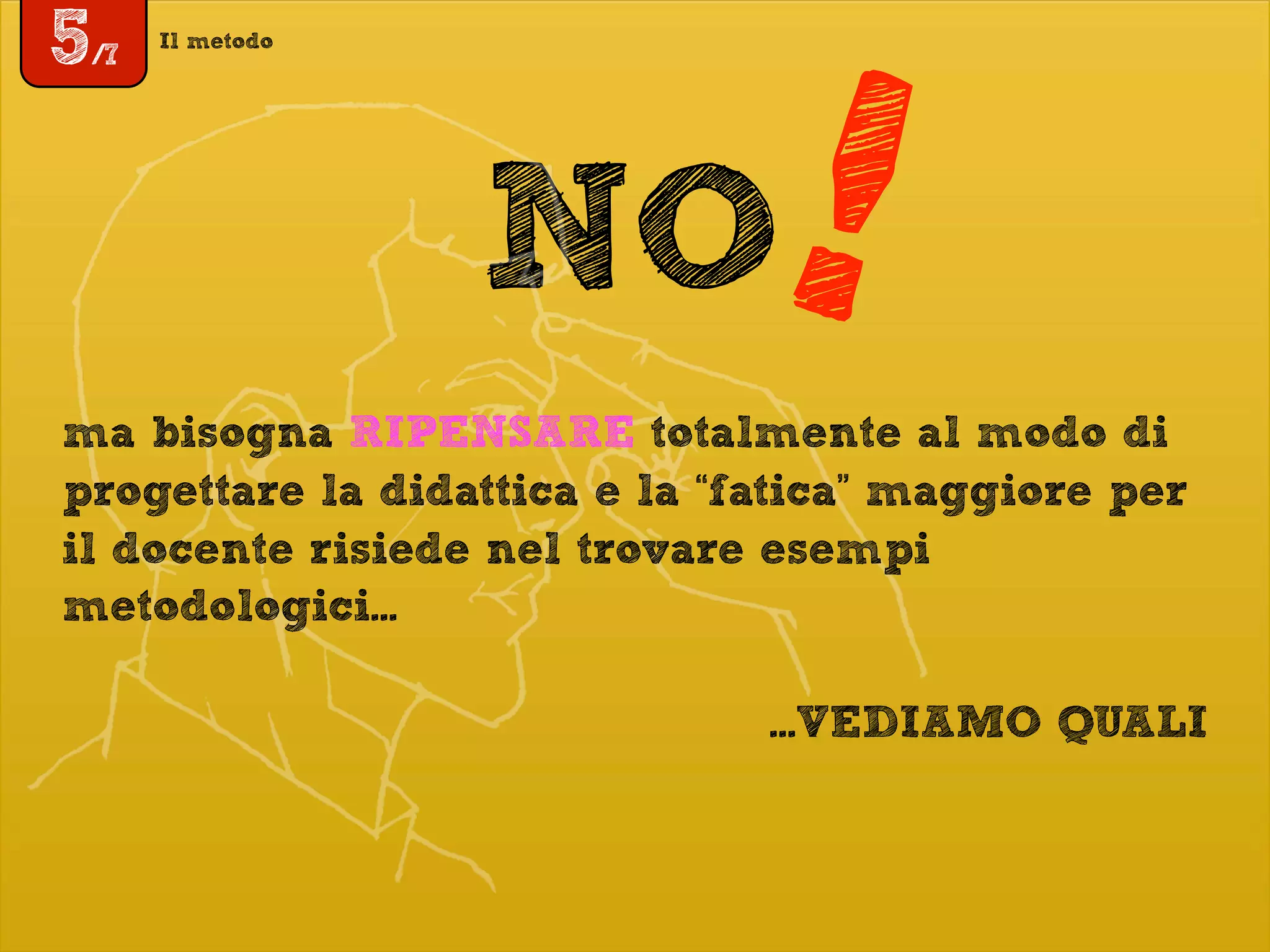 Il metodo
5/7
NO!ma bisogna RIPENSARE totalmente al modo di
progettare la didattica e la “fatica” maggiore per
il docente risiede nel trovare esempi
metodologici...
...VEDIAMO QUALI
 