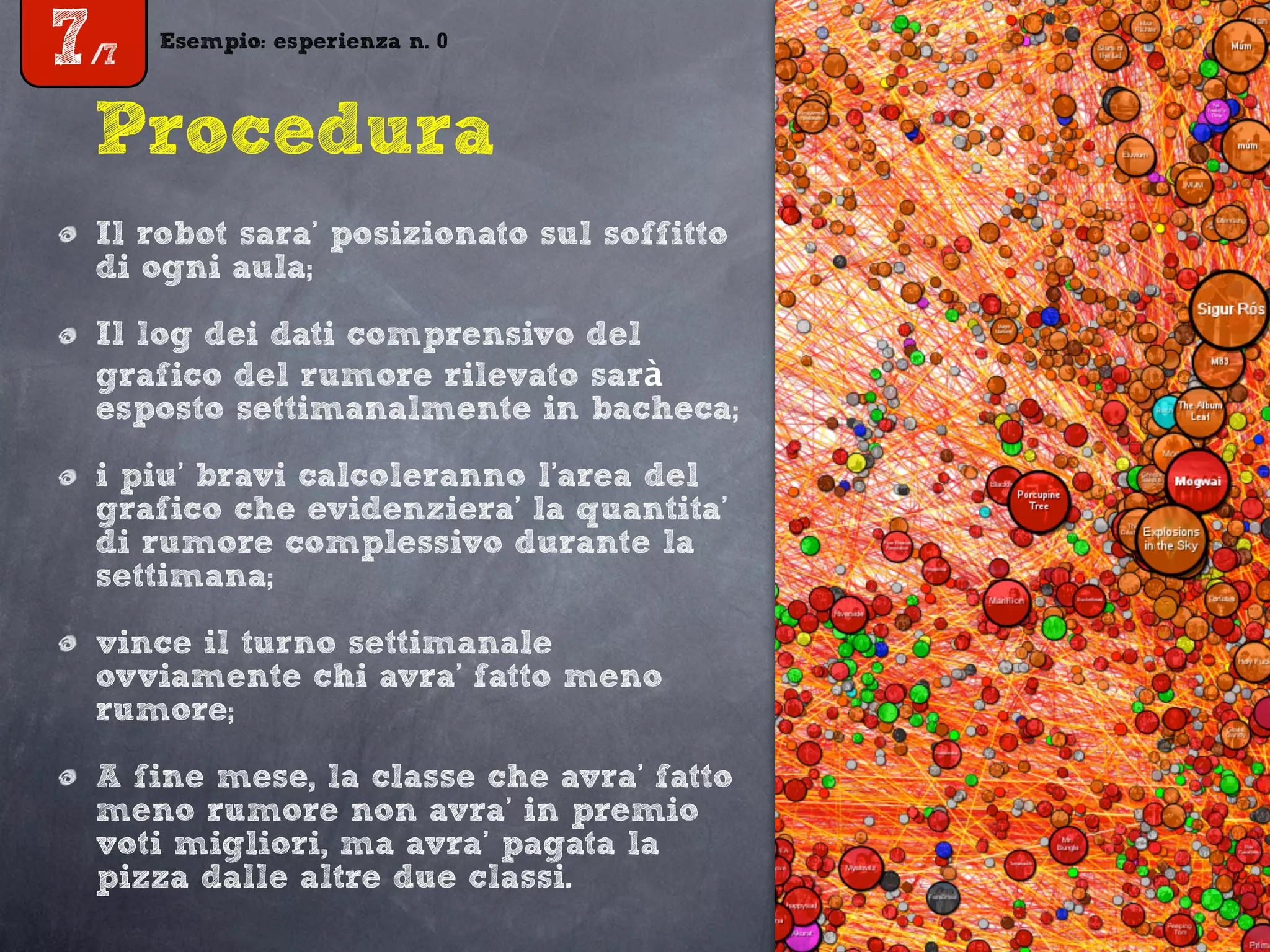 Esempio: esperienza n. 0
7/7
Esempio: esperienza n. 0
7/7
Procedura
Il robot sara’ posizionato sul soffitto
di ogni aula;
Il log dei dati comprensivo del
grafico del rumore rilevato sarà
esposto settimanalmente in bacheca;
i piu’ bravi calcoleranno l’area del
grafico che evidenziera’ la quantita’
di rumore complessivo durante la
settimana;
vince il turno settimanale
ovviamente chi avra’ fatto meno
rumore;
A fine mese, la classe che avra’ fatto
meno rumore non avra’ in premio
voti migliori, ma avra’ pagata la
pizza dalle altre due classi.
 