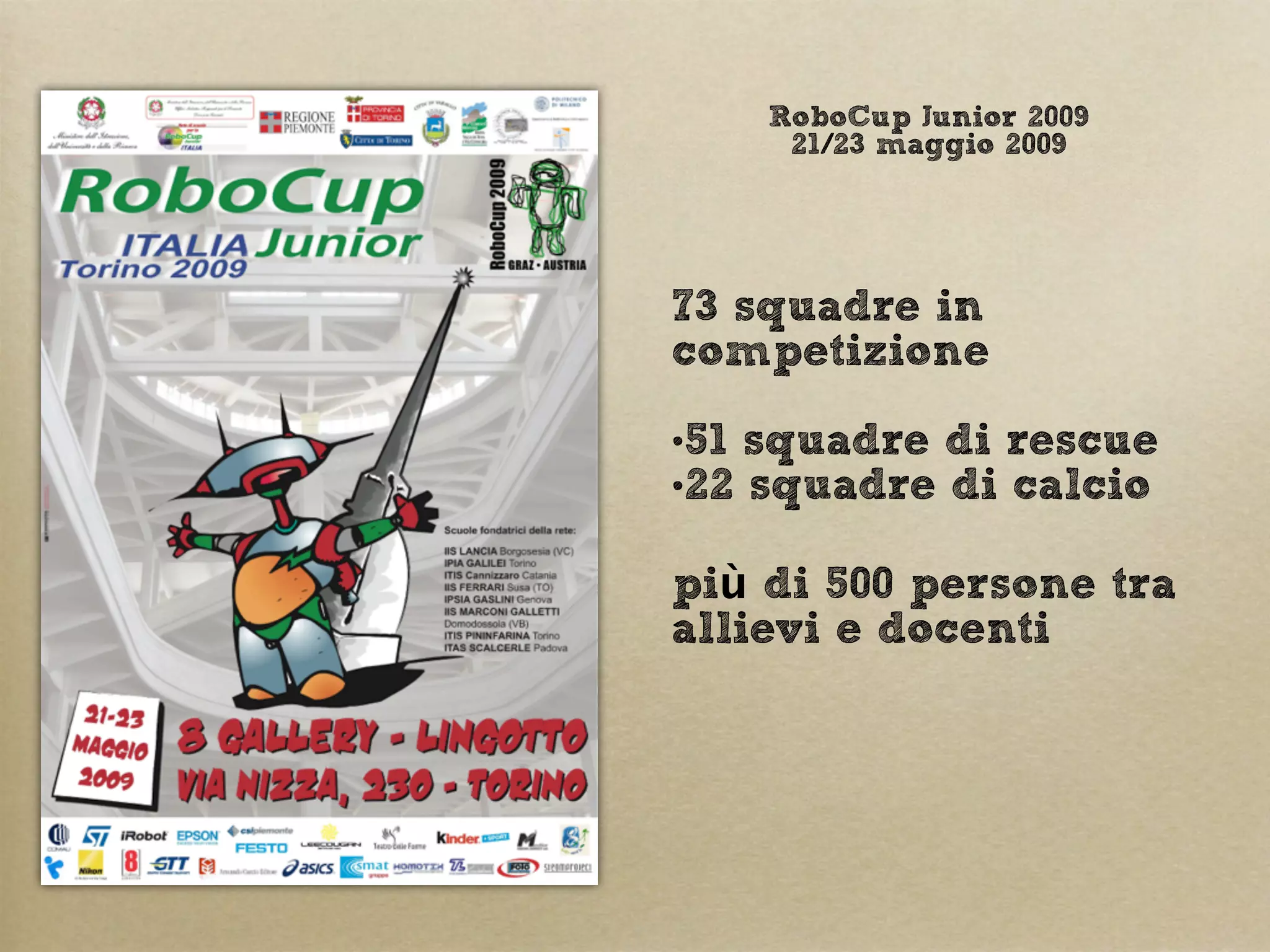 73 squadre in
competizione
•51 squadre di rescue
•22 squadre di calcio
più di 500 persone tra
allievi e docenti
RoboCup Junior 2009
21/23 maggio 2009
 