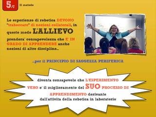Il metodo
Le esperienze di robotica DEVONO
"traboccare" di nozioni collaterali, in
questo modo L'ALLIEVO
prendera’ consapevolezza che E’ IN
GRADO DI APPRENDERE anche
nozioni di altre discipline...
diventa consapevole che L’ESPERIMENTO
VERO e’ il miglioramento del SUO PROCESSO DI
APPRENDIMENTO derivante
dall’attivita della robotica in laboratorio
5/7
...per il PRINCIPIO DI SAGGEZZA PERIFERICA
 