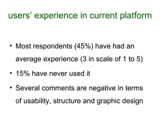 users’ experience in current platform Most respondents (45%) have had an average experience (3 in scale of 1 to 5) 15% have never used it Several comments are negative in terms of usability, structure and graphic design 