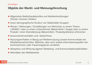 Objekte der Markt- und Meinungsforschung
● Allgemeine Marktcharakteristika und Marktentwicklungen  
(Trends, Chancen, Risiken)
● Sozio-demographische Struktur von Stakeholder-Gruppen
● Wissen / Meinungen / Einstellungen von Menschen zu einem Thema
(„MoRAL“) oder zu einem Unternehmen (Bekanntheit / Image) oder zu einem
Produkt / einer Dienstleistung (Bekanntheit / Produktpräferenz) erforschen
● Konsumentenverhalten und –bedürfnisse
● Nutzungsverhalten in Bezug auf Mediennutzung (unsere Kommunikate wie
Mitarbeiterzeitschriften, Websites, aber auch andere Informationsquellen wie
Suchmaschinen oder Frauenmagazine) verstehen
● Akzeptanz und Wirkung eigener Marketing- und Kommunikationsaktivitäten
● Aktivitäten des Wettbewerbs
Grundlagen
05.11.2014 13Marktforschung mit einfachen Mitteln
 