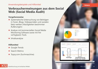 Verbrauchermeinungen aus dem Social
Web (Social Media Audit)
Vorgehensweise
●  Systematische Untersuchung von Beiträgen  
in Foren, Blogs, Videoportalen und sozialen
Netz-werken (Häufigkeiten bestimmter
Äußerungen)
●  Analyse mit kommerziellen Social Media
Monitoring Software sowie mit frei
verfügbaren Tools
●  Inhaltsanalyse
Hilfsmittel
●  Google Trends
●  Search Metrics
●  Topsy.com (Suchmaschine)
05.11.2014Marktforschung mit einfachen Mitteln 42
Anwendungsbeispiele und Hilfsmittel Extern
Veröffentlichung
„Farben der Hotels“
Feiertage
 