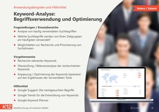 Keyword-Analyse: 
Begriffsverwendung und Optimierung
Fragestellungen / Einsatzbereiche
●  Analyse von häufig verwendeten Suchbegriffen
●  Welche Suchbegriffe werden von Ihren Zielgruppen
am häufigsten verwendet?
●  Möglichkeiten zur Recherche und Priorisierung von
Suchphrasen
Vorgehensweise
●  Recherche relevanter Keywords
●  Überprüfung / Relevanzanalyse der recherchierten
Keywords
●  Anpassung / Optimierung der Keywords basierend
auf den Ergebnissen der verwendeten Tools
Hilfsmittel
●  Google Suggest: Die meistgesuchten Begriffe
●  Google Trends für die Entwicklung von Keywords
●  Google Keyword Planner
05.11.2014Marktforschung mit einfachen Mitteln 46
Anwendungsbeispiele und Hilfsmittel Intern / Extern
 