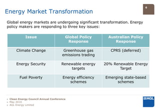 6

Energy Market Transformation
Global energy markets are undergoing significant transformation. Energy
policy makers are responding to three key issues:

            Issue                      Global Policy        Australian Policy
                                        Response               Response

      Climate Change                  Greenhouse gas         CPRS (deferred)
                                     emissions trading

      Energy Security                Renewable energy     20% Renewable Energy
                                         targets                 Target

        Fuel Poverty                  Energy efficiency   Emerging state-based
                                          schemes              schemes



» Clean Energy Council Annual Conference
» May 2010
» AGL Energy Limited
 