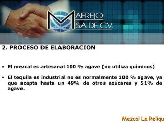 2. PROCESO DE ELABORACION


• El mezcal es artesanal 100 % agave (no utiliza químicos)

• El tequila es industrial no es normalmente 100 % agave, ya
  que acepta hasta un 49% de otros azúcares y 51% de
  agave.




                                             Mezcal La Reliqui
 