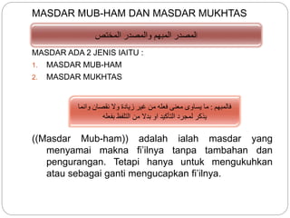 MASDAR MUB-HAM DAN MASDAR MUKHTAS
MASDAR ADA 2 JENIS IAITU :
1. MASDAR MUB-HAM
2. MASDAR MUKHTAS
((Masdar Mub-ham)) adalah ialah masdar yang
menyamai makna fi’ilnya tanpa tambahan dan
pengurangan. Tetapi hanya untuk mengukuhkan
atau sebagai ganti mengucapkan fi’ilnya.
‫أ‬‫المختص‬ ‫والمصدر‬ ‫المبهم‬ ‫لمصدر‬
‫فالمبهم‬:‫وانما‬ ‫نقصان‬ ‫وال‬ ‫زيادة‬ ‫غير‬ ‫من‬ ‫فعله‬ ‫معنى‬ ‫يساوى‬ ‫ما‬
‫بفعله‬ ‫التلفظ‬ ‫من‬ ‫بدال‬ ‫او‬ ‫التأكيد‬ ‫لمجرد‬ ‫يذكر‬
 