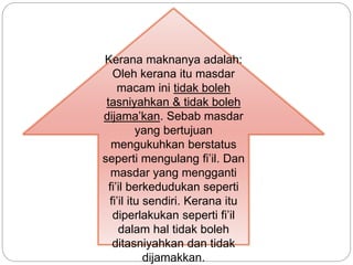 Kerana maknanya adalah:
Oleh kerana itu masdar
macam ini tidak boleh
tasniyahkan & tidak boleh
dijama’kan. Sebab masdar
yang bertujuan
mengukuhkan berstatus
seperti mengulang fi’il. Dan
masdar yang mengganti
fi’il berkedudukan seperti
fi’il itu sendiri. Kerana itu
diperlakukan seperti fi’il
dalam hal tidak boleh
ditasniyahkan dan tidak
dijamakkan.
 
