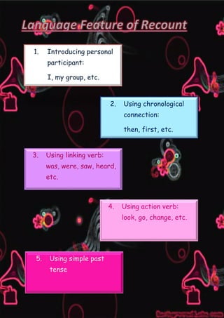 1.

Introducing personal
participant:
I, my group, etc.

2.

Using chronological
connection:
then, first, etc.

3.

Using linking verb:
was, were, saw, heard,
etc.

4.

Using action verb:
look, go, change, etc.

5.

Using simple past

tense

 