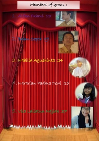 Members of group :

1. Alfan Fahmi

2. Brian Septa

03

09

3. Nabilla Agushinta

24

4. Nararian Padma Dewi

5. Vila Lailatun Najiah

25

37

 