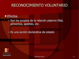 RECONOCIMIENTO VOLUNTARIO Efectos Son los propios de la relación paterno filial, alimentos, apellido, etc. Es una acción declarativa de estado 