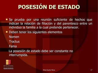 POSESIÓN DE ESTADO Se prueba por una reunión suficiente de hechos que indican la relación de filiación y del parentesco entre un individuo la familia a la cual pretende pertenecer. Deben tener los siguientes elementos Nomen Tractus Fama La posesión de estado debe ser constante no interrumpida. 