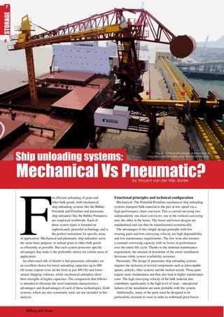F
or efficient unloading of grain and
other bulk goods, both mechanical
ship unloading systems like the Bühler
Portalink and Portalino and pneumatic
ship unloaders like the Bühler Portanova
are employed worldwide. Each of
these system types is founded on
sophisticated, powerful technology and is
the perfect instrument for specific areas
of application. Mechanical and pneumatic ship unloaders serve
the same basic purpose: to unload grain or other bulk goods
as efficiently as possible. But each system possesses specific
advantages that make it the preferable choice for certain areas of
application.
An often-used rule of thumb is that pneumatic unloaders are
an excellent choice for lower unloading capacities up to 600
t/h (some experts even set the limit at just 400 t/h) and lower
annual shipping volumes, while mechanical unloaders show
their strengths at higher capacities. The comparison that follows
is intended to illustrate the most important characteristics,
advantages and disadvantages of each of these technologies. Grab
systems, which are also commonly used, are not included in this
analysis.
Functional principles and technical configuration
Mechanical: The Portalink/Portalino mechanical ship unloading
systems transport bulk material to the pier at low speed via a
high-performance chain conveyor. This is carried out using two
independently run chain conveyors, one in the vertical conveying
arm, the other in the boom. The boom and tower designs are
standardised and can thus be manufactured economically.
The advantages of this simple design principle with few
wearing parts and low conveying velocity are high dependability
and low maintenance requirements. The low wear also ensures
a constant conveying capacity with no losses in performance
over the entire life cycle. Thanks to the minimal maintenance
requirement, the amount of downtime of the entire installation
decreases while system availability increases.
Pneumatic: The design of pneumatic ship unloading systems
requires the inclusion of several components such as telescopable
spouts, airlocks, filter systems and the suction nozzle. These parts
require more maintenance and thus also lead to higher maintenance
costs. The high conveying velocity of the bulk material also
contributes significantly to the high level of wear – unexpected
failures of the installation are more probable with this system.
Additionally, many of the parts must be designed to be
particularly resistant to wear in order to withstand great forces
Ship unloading systems:
by Vincent van der Wijk, Buhler
Mechanical Vs Pneumatic?
Figure 1: The simple design of mechanical
unloaders reduces wear and maintenance costs
STORAGE
62 | Milling and Grain
F
 