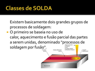 Existem basicamente dois grandes grupos de
    processos de soldagem:
   O primeiro se baseia no uso de
    calor, aquecimento e fusão parcial das partes
    a serem unidas, denominado "processos de
    soldagem por fusão".
 