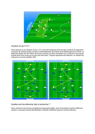 situation du jeu11v11
Nous passons à une situation du jeu 11v11 joué dans l'espace entre les deux surfaces de réparation.
Un joueur de chaque équipe occupe la moitié attaquante de chaque zone latérale gauche et droite. La
balle doit passer par les milieux de terrain centraux qui alors la passent sur le côté pour les joueurs
écartés dans leurs zones qui ne peut pas être tacler. L'équipe opposante doit défendre en utilisant les
tactiques et courses répétées (5/6).

Quelles sont les éléments clés à rechercher ?
Nous cherchons des bonnes compétences organisationnelles, sens de la position et action défensive
positive. Les joueurs doivent être flexibles et réactifs à différents types de menace offensive.

 