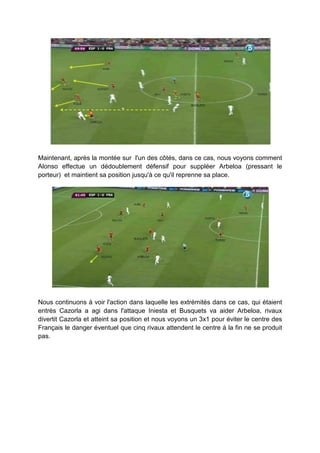 Maintenant, après la montée sur l'un des côtés, dans ce cas, nous voyons comment
Alonso effectue un dédoublement défensif pour suppléer Arbeloa (pressant le
porteur) et maintient sa position jusqu'à ce qu'il reprenne sa place.

Nous continuons à voir l'action dans laquelle les extrémités dans ce cas, qui étaient
entrés Cazorla a agi dans l'attaque Iniesta et Busquets va aider Arbeloa, rivaux
divertit Cazorla et atteint sa position et nous voyons un 3x1 pour éviter le centre des
Français le danger éventuel que cinq rivaux attendent le centre à la fin ne se produit
pas.

 