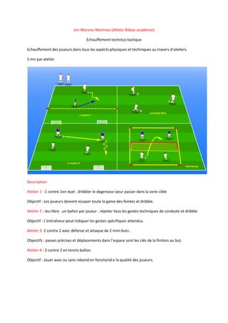 Jon Moreno Martinez (Atletic Bilbao académie)
Echauffement technico-tactique
Echauffement des joueurs dans tous les aspects physiques et techniques au travers d’ateliers.
5 mn par atelier

Description
Atelier 1 : 1 contre 1en duel . dribbler le degenseur pour passer dans la zone cible
Objectif : Les joueurs doivent essayer toute la game des feintes et dribble.
Atelier 2 : Jeu libre . un ballon par joueur . répeter tous les gestes techniques de conduite et dribble.
Objectif : L’entraîneur peut indiquer les gestes spécifiques attendus.
Atelier 3: 2 contre 2 avec défense et attaque de 2 mini-buts .
Objectifs : passes précises et déplacements dans l’espace sont les clés de la finition au but.
Atelier 4 : 2 contre 2 en tennis ballon.
Objectif : Jouer avec ou sans rebond en fonctiond e la qualité des joueurs.

 