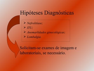 Hipóteses Diagnósticas
     Nefrolitíase;
     ITU;
     Anomarlidades ginecológicas;
     Lombalgia.


Solicitam-se exames de imagem e
laboratoriais, se necessário.
 