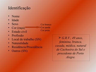 Identificação
•   Nome
•   Idade
•   Sexo                  Cor branca
•   Cor (raça)            Cor parda
                          Cor preta
•   Estado civil
•   Profissão
•                                          G.R.V., 49 anos,
    Local de trabalho (SN)
•   Naturalidade                          feminina, branca,
•   Residência/Procedência             casada, médica, natural
•   Outros (SN)                         de Cachoeira do Sul e
                                         procedente de Porto
                                               Alegre.
 