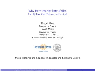 Why Have Interest Rates Fallen
Far Below the Return on Capital
Magali Marx
Banque de France
Benoˆıt Mojon
Banque de France
Fran¸cois R. Velde
Federal Reserve Bank of Chicago
Macroeconomic and Financial Imbalances and Spillovers, June 9
Why Have Interest Rates Fallen Far Below the Return on Capital 1
 