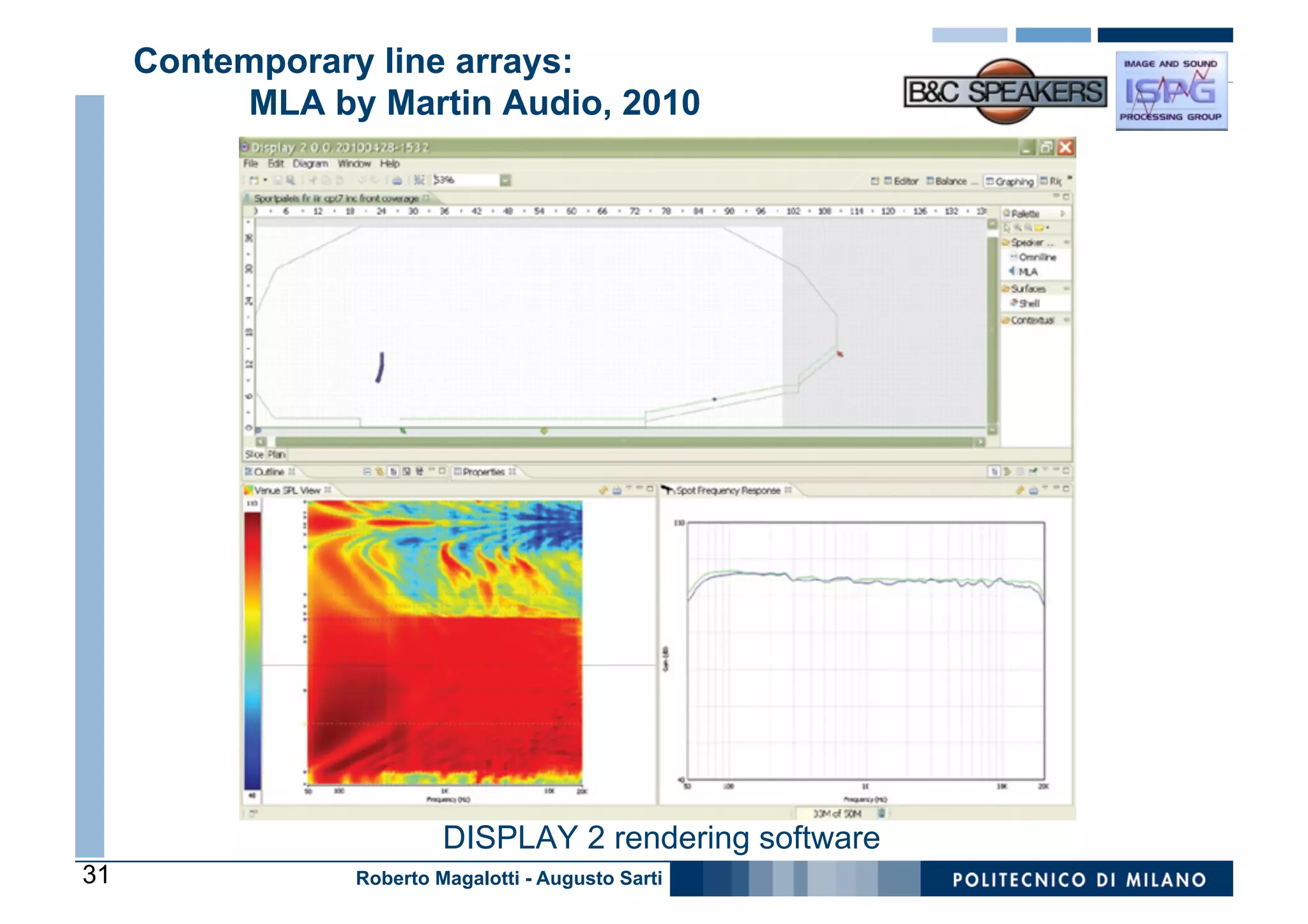 Contemporary line arrays:
          MLA by Martin Audio, 2010




                         DISPLAY 2 rendering software
31              Roberto Magalotti - Augusto Sarti
 