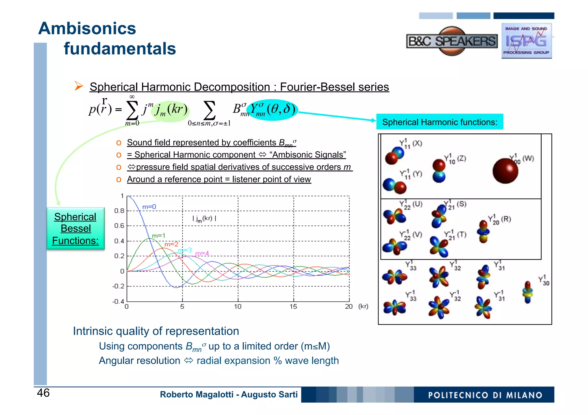 Ambisonics
  fundamentals

         Ø  Spherical Harmonic Decomposition : Fourier-Bessel series
               r     ∞
             p(r ) = ∑ j m jm (kr ) ∑ BmnYmn (θ , δ )
                                       σ   σ

                          m =0            0≤ n≤ m,σ =±1                                 Spherical Harmonic functions:

                     o    Sound field represented by coefficients Bmnσ
                     o    = Spherical Harmonic component ó “Ambisonic Signals”
                     o    ópressure field spatial derivatives of successive orders m
                     o    Around a reference point = listener point of view



     Spherical
      Bessel
     Functions:




         Intrinsic quality of representation
                  Using components Bmnσ up to a limited order (m≤M)
                  Angular resolution ó radial expansion % wave length


46                                Roberto Magalotti - Augusto Sarti
 