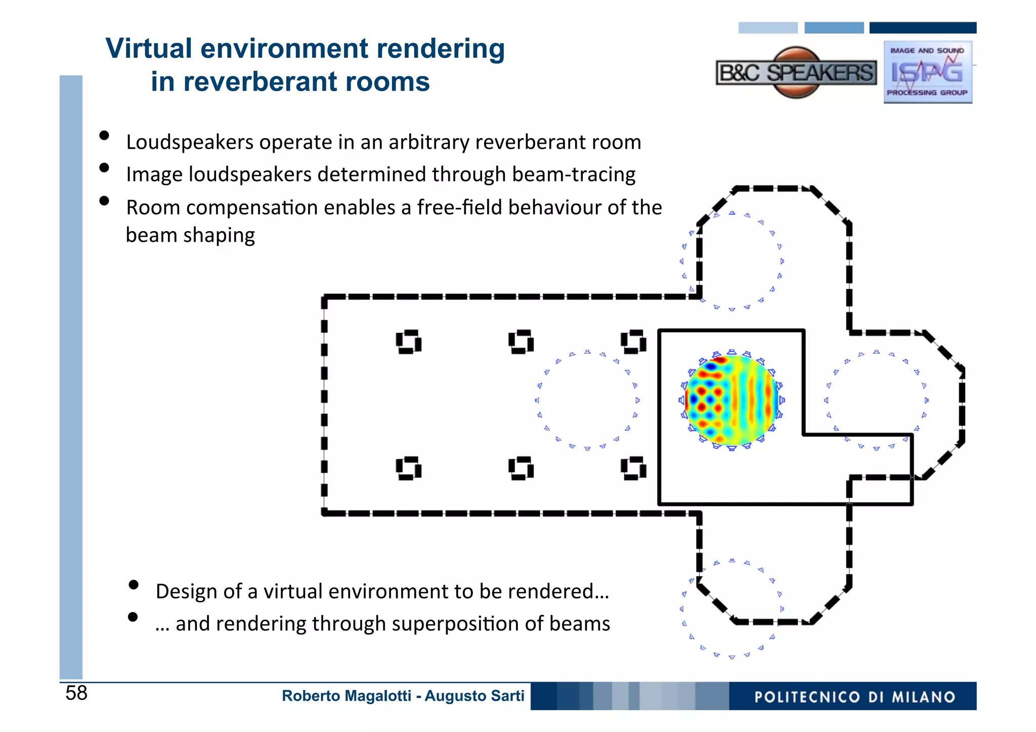 Virtual environment rendering
          in reverberant rooms

     •  Loudspeakers	
  operate	
  in	
  an	
  arbitrary	
  reverberant	
  room	
  
     •  Image	
  loudspeakers	
  determined	
  through	
  beam-­‐tracing	
  
     •  Room	
  compensa0on	
  enables	
  a	
  free-­‐ﬁeld	
  behaviour	
  of	
  the	
  
         beam	
  shaping	
  




         •  Design	
  of	
  a	
  virtual	
  environment	
  to	
  be	
  rendered…	
  
         •  …	
  and	
  rendering	
  through	
  superposi0on	
  of	
  beams	
  
58                               Roberto Magalotti - Augusto Sarti
 